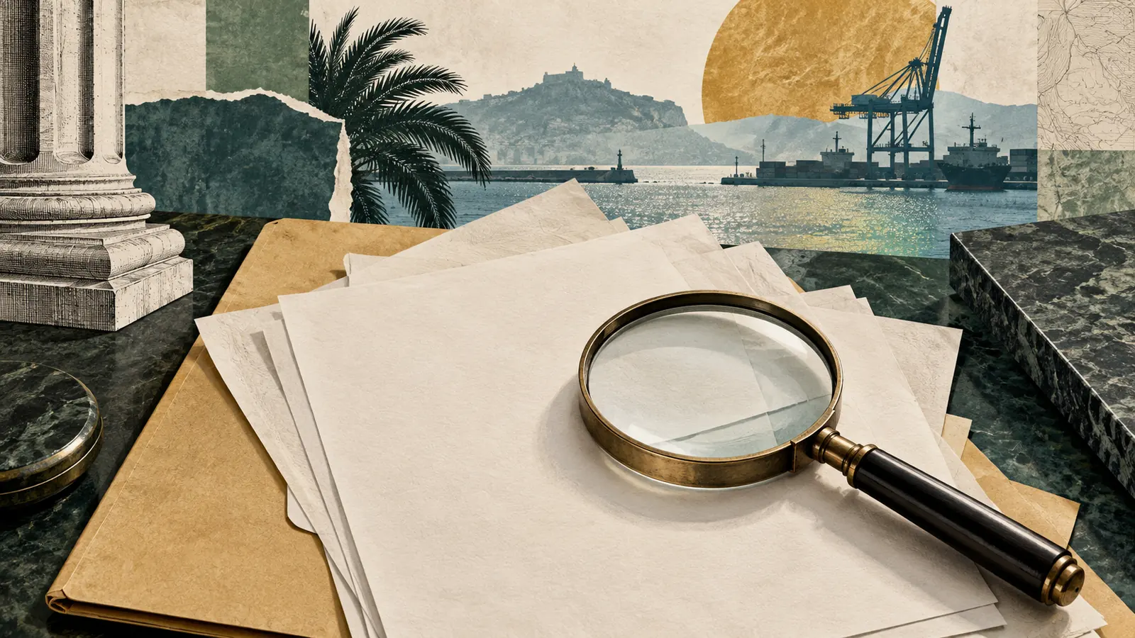 Carpeta, documentos en blanco y lupa junto a la silueta de una grúa portuaria.