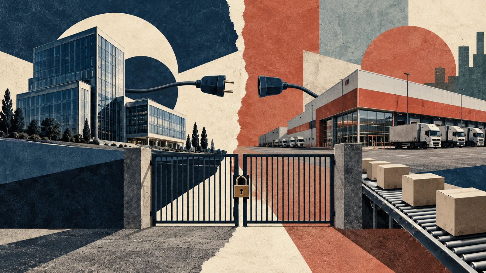 Collage conceptual de dos edificios comerciales separados por cables desconectados y una puerta cerrada