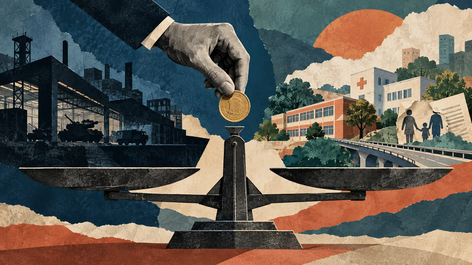 Collage conceptual de una balanza entre una industria de defensa y servicios públicos como escuela, sanidad y ayudas familiares.