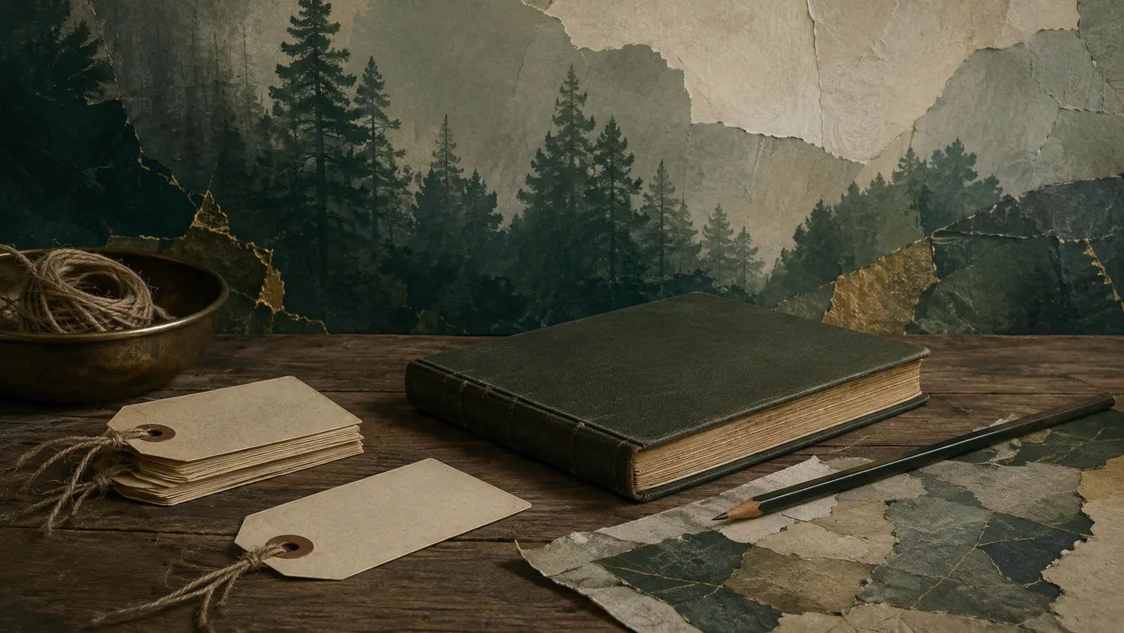 Ilustración de etiquetas en blanco, un libro de registro y un mapa sobre una mesa.