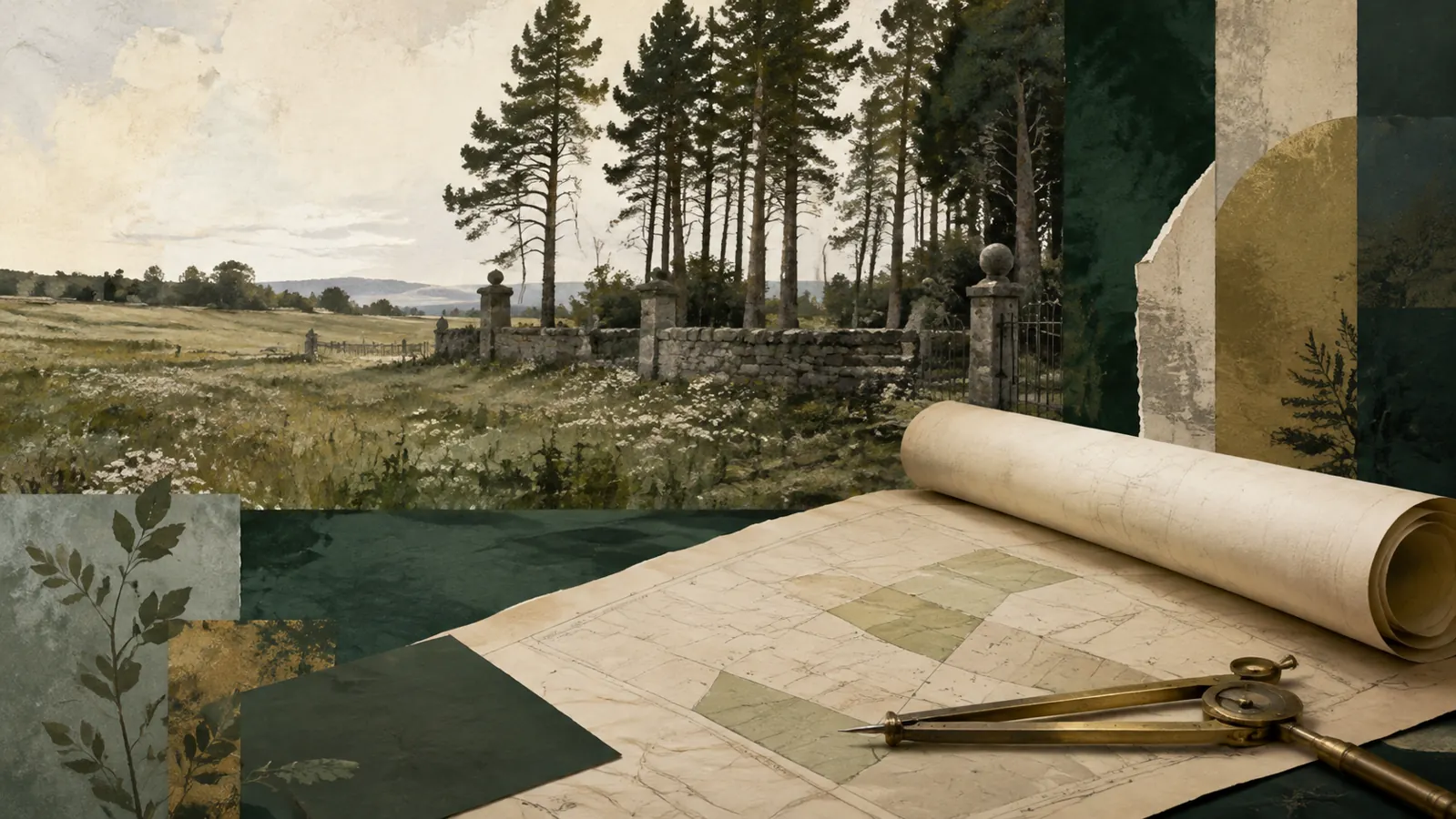 Ilustración de un plano y un compás ante un terreno junto a un cementerio.