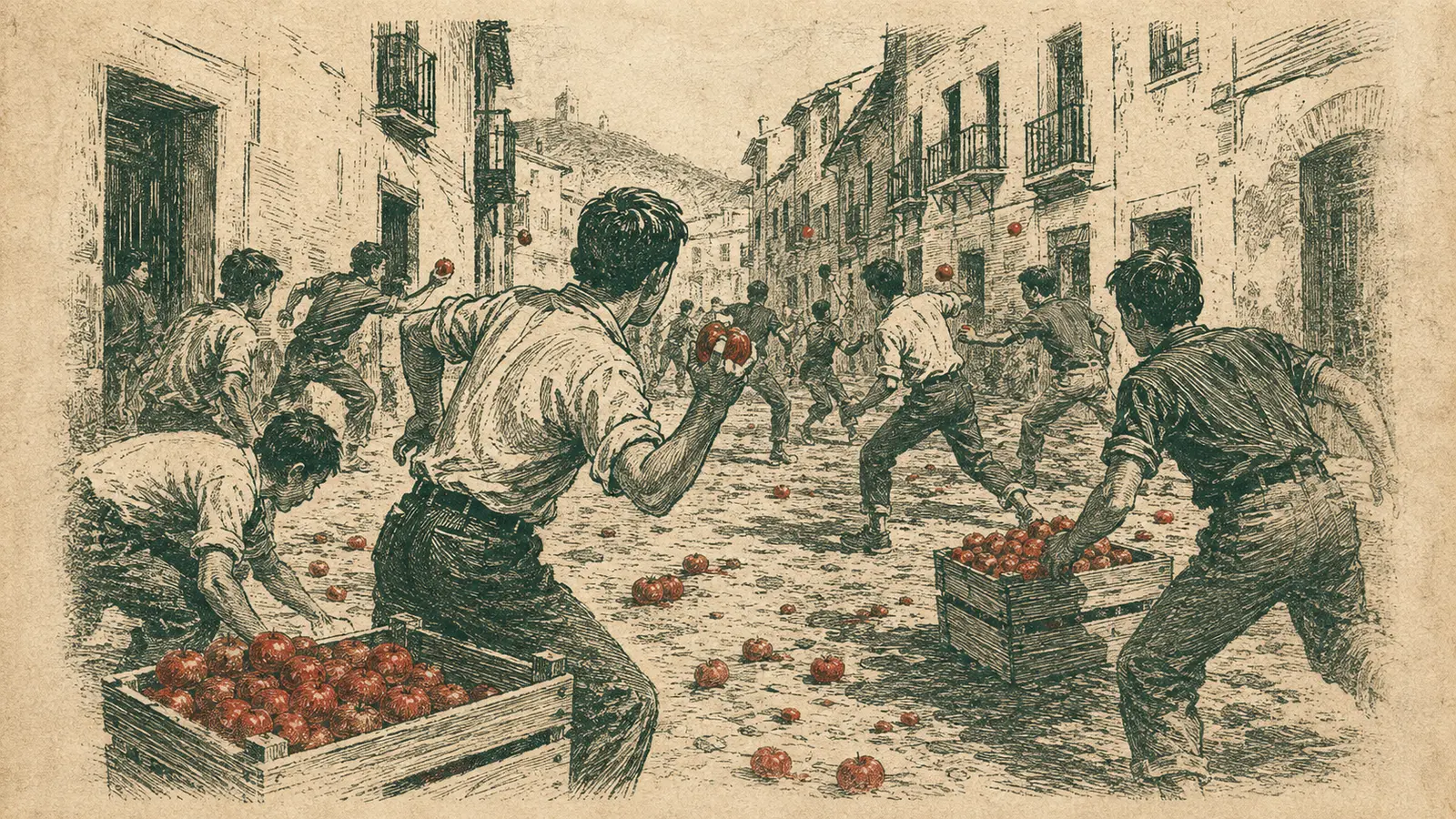 Ilustración editorial de una pelea espontánea con tomates en una calle de Buñol en 1945.