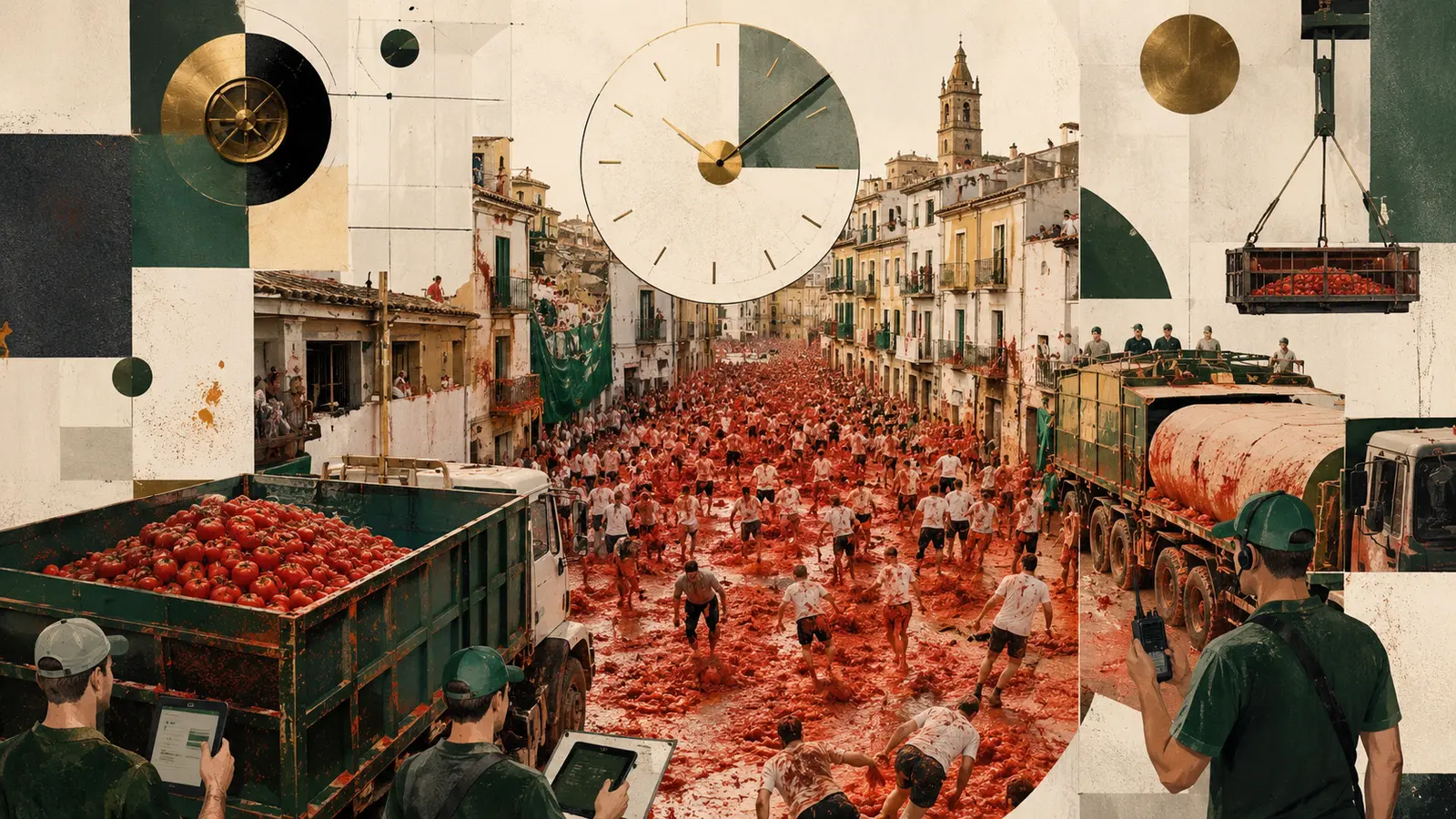 Ilustración editorial de la Tomatina contemporánea con multitud, camiones y organización logística.