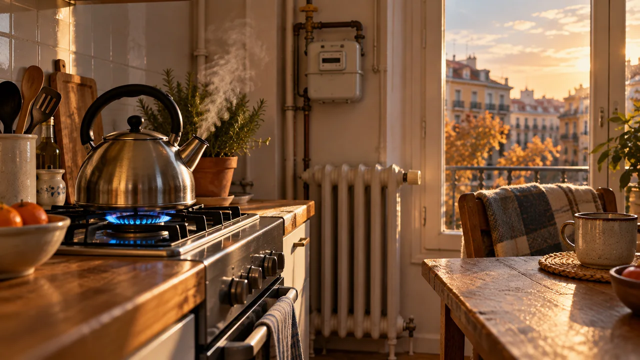Cocina doméstica con una llama de gas bajo una tetera, radiador y contador al fondo en una mañana de otoño.