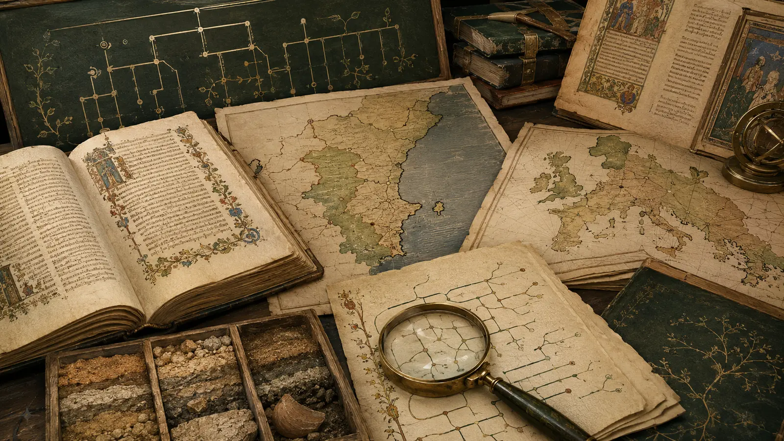 Ilustración editorial con códices, mapas históricos, capas arqueológicas y una lupa de investigación.