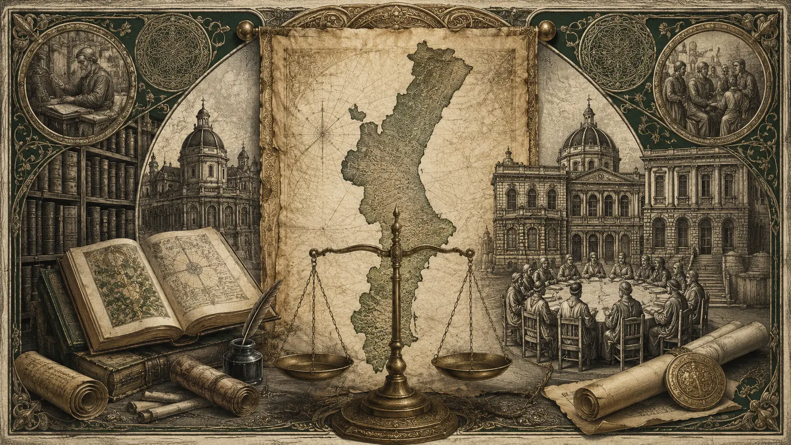 Ilustración editorial con un mapa valenciano, manuscritos, instituciones académicas y una balanza.