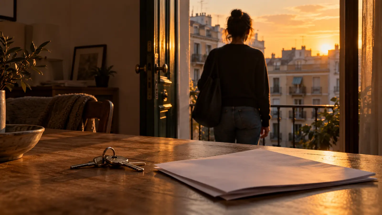 Una persona de espaldas ante la puerta abierta de un piso urbano, con llaves y papeles de alquiler sobre una mesa al atardecer; ilustración conceptual.