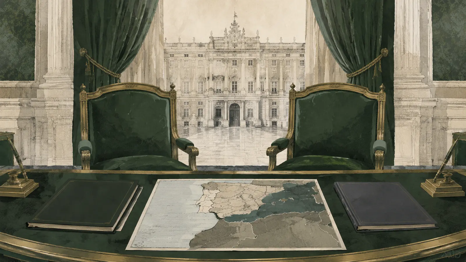 Ilustración editorial de dos sillones vacíos ante documentos y un mapa de España y Marruecos en un salón palaciego.