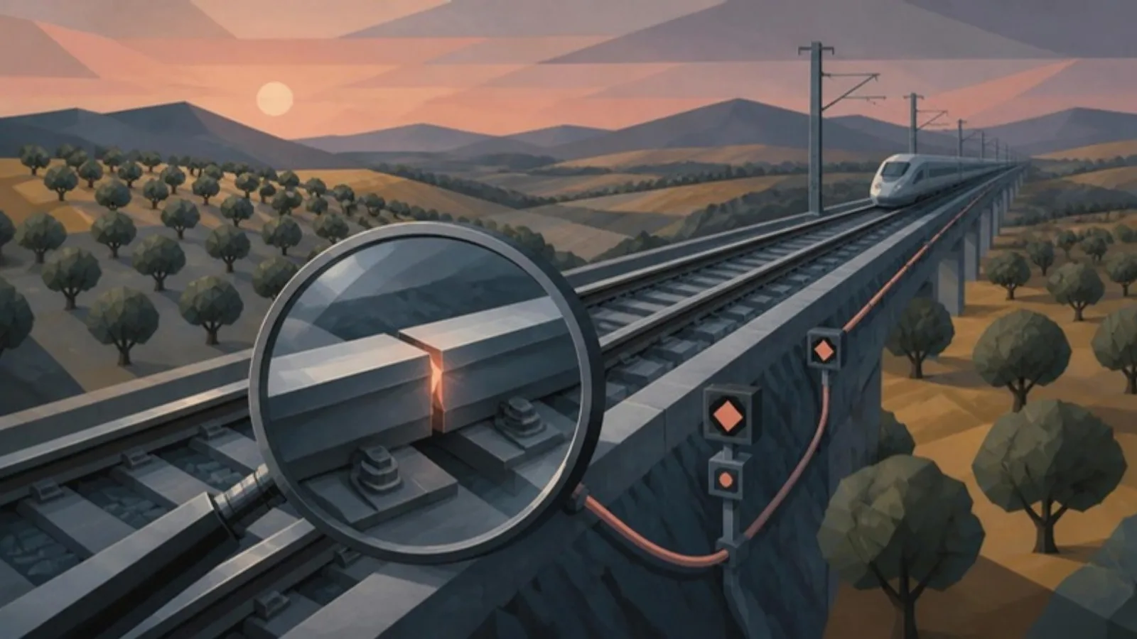 Una lupa sobre una soldadura rota con una grieta coral en una vía de alta velocidad que cruza olivares al atardecer, con señales y un cable de sensores junto al carril