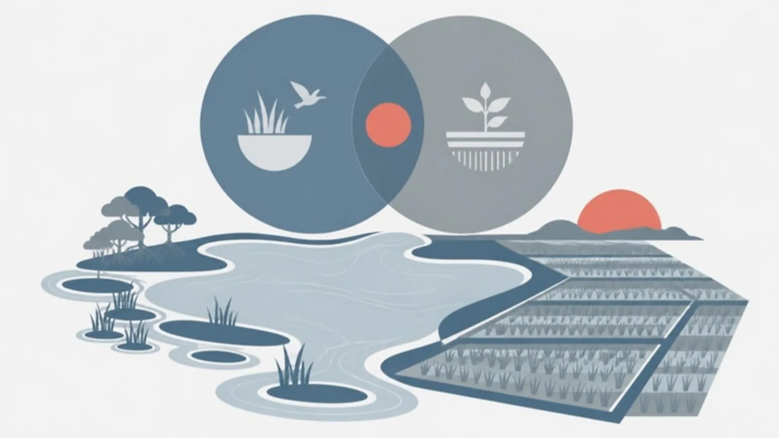 Ilustración editorial abstracta: dos círculos superpuestos sobre una laguna y arrozales, como evocación de los dos planes de recuperación de la Albufera.
