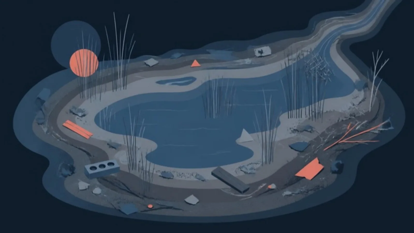 Ilustración editorial abstracta: una laguna estilizada rodeada de capas de sedimento, cañas y restos dispersos, como evocación de los daños de la DANA en la Albufera.