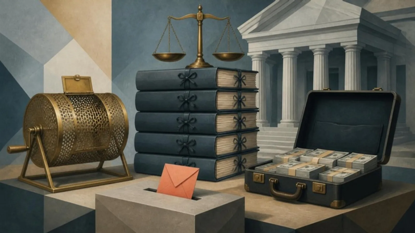 Un bombo de sorteo de latón vacío junto a un maletín abierto lleno de fajos de billetes; detrás, una pila de expedientes atados bajo una balanza ante un tribunal de columnas, y delante una urna con un sobre coral