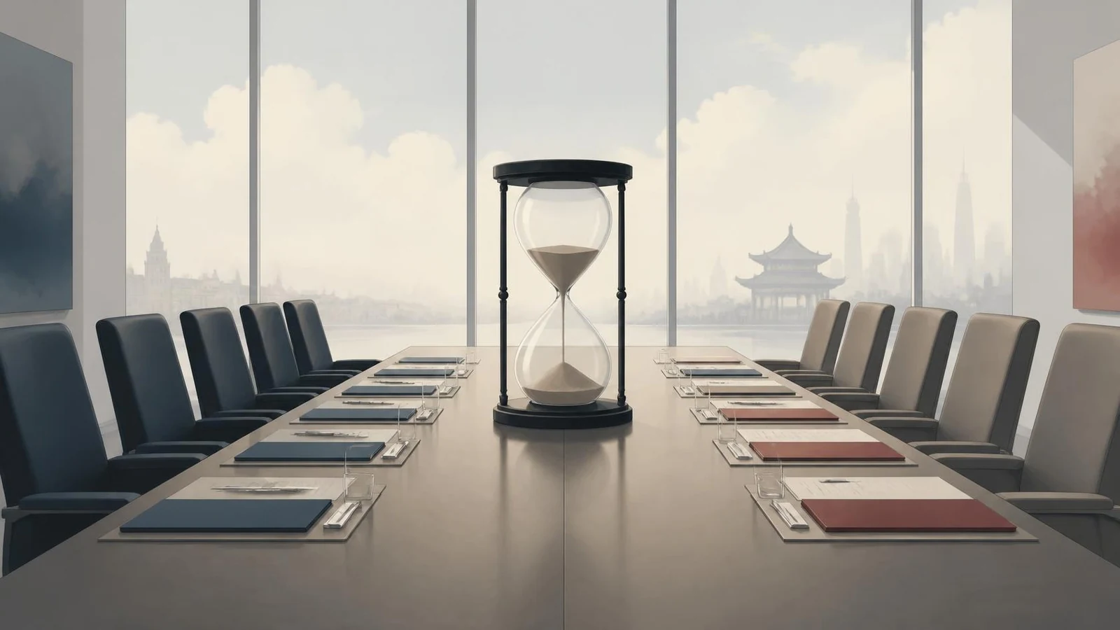 Mesa de negociación vacía con dos bandos enfrentados y un reloj de arena que simboliza el plazo de las conversaciones comerciales; ilustración editorial.