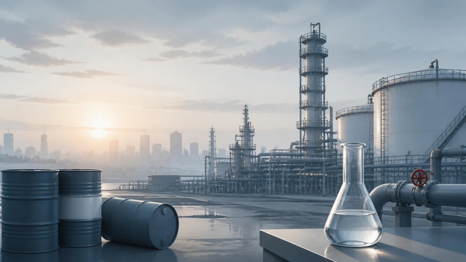 Investigación antidumping: planta química al amanecer con depósitos, tuberías, barriles y un matraz de laboratorio; ilustración editorial.