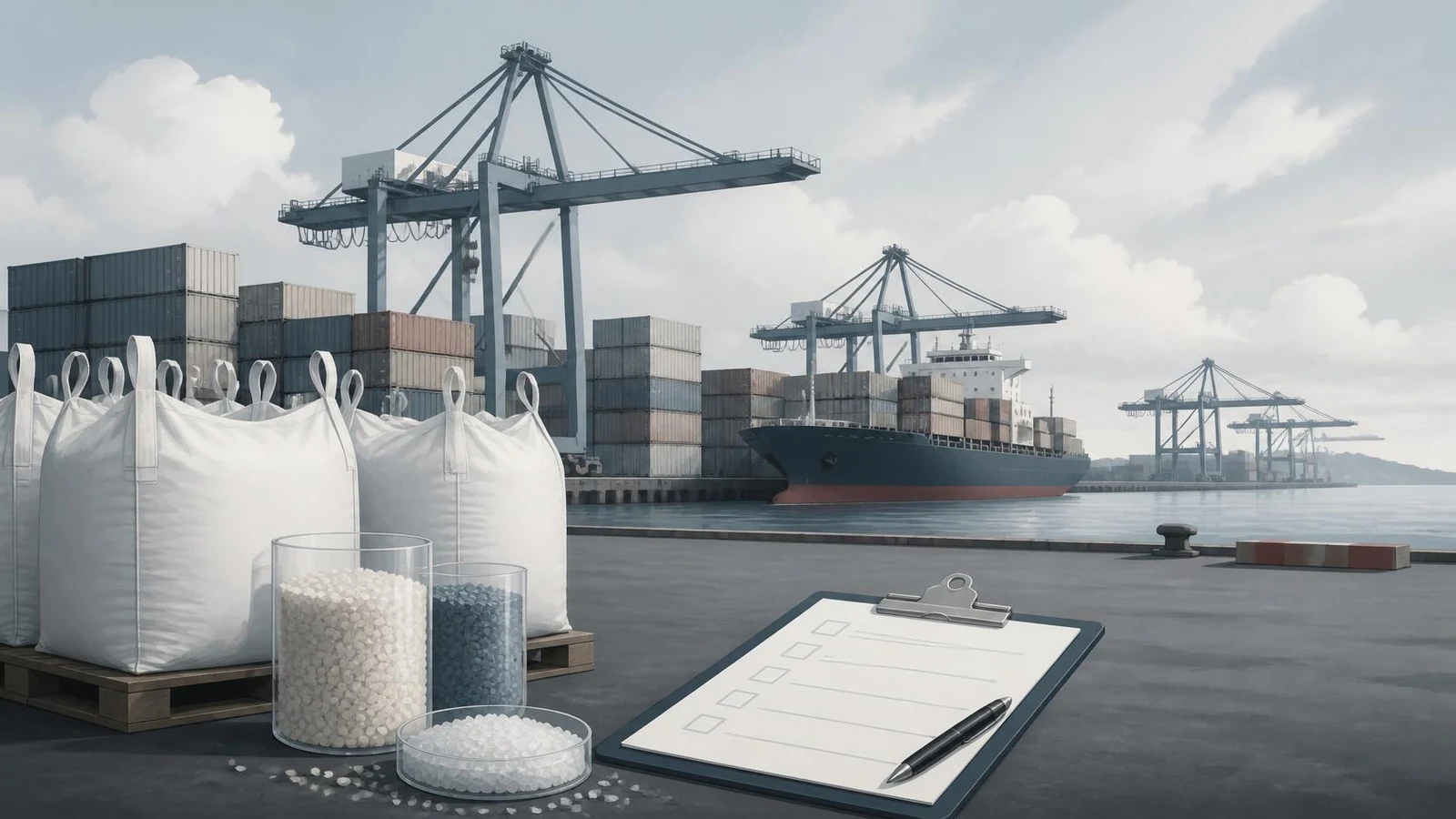 Puerto de contenedores con grúas y sacos de resina plástica sobre un palé; ilustración editorial sobre las importaciones de PVC.