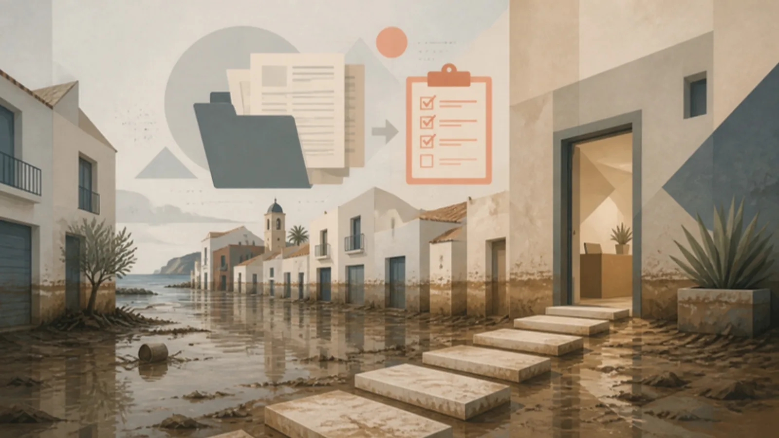 Ilustración editorial: calle de un pueblo costero con barro tras la inundación, una carpeta de formularios y una lista de comprobación coral sobre las casas, y unos escalones que llevan hacia la puerta abierta de una oficina, como evocación de las ayudas tras la dana Adam.