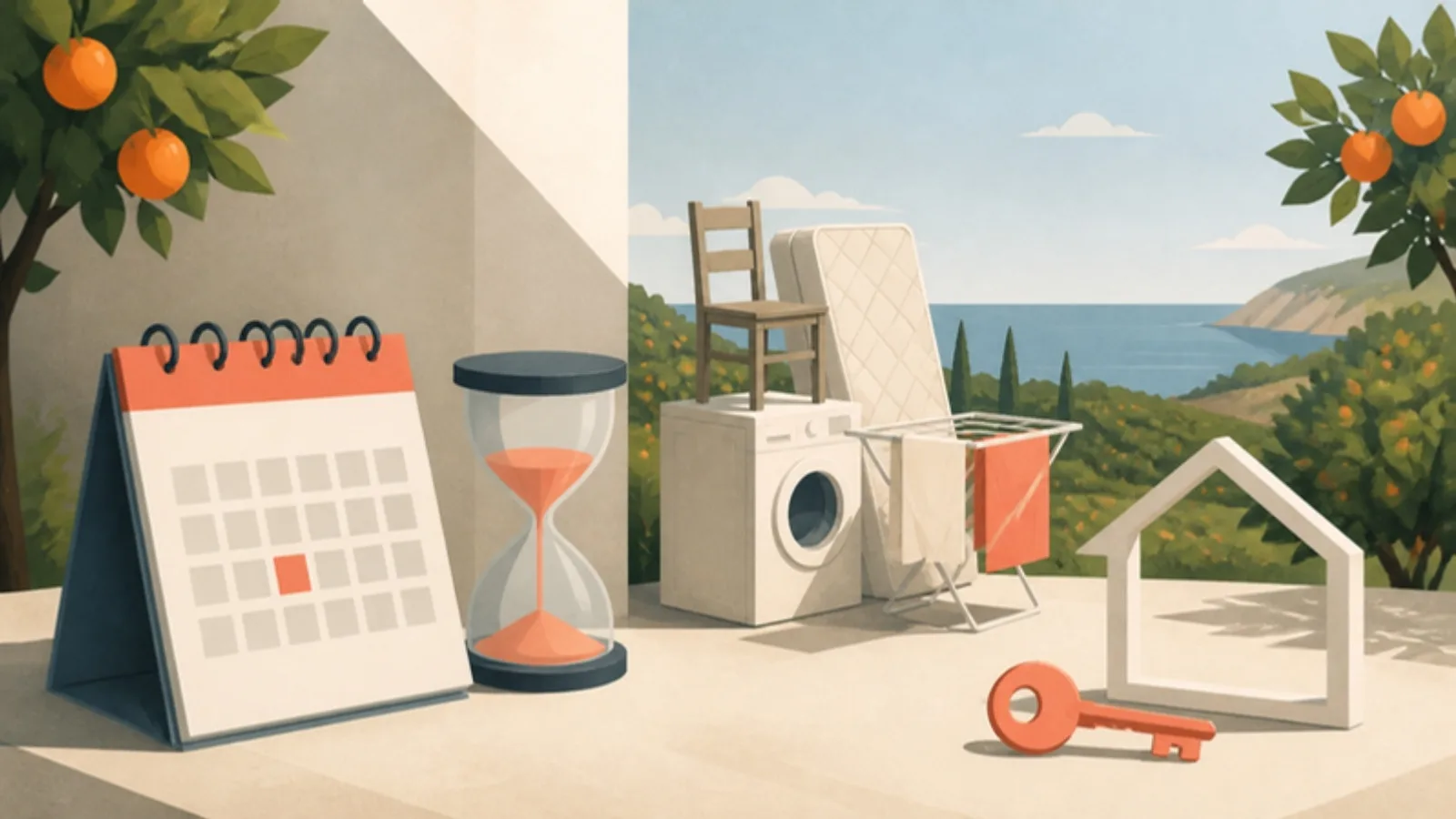 Ilustración editorial: un calendario y un reloj de arena junto a una silla, una lavadora y un colchón secándose al sol, con una llave coral y el contorno de una casa, entre naranjos y el mar, como evocación de los plazos y del realojo tras la dana Adam.