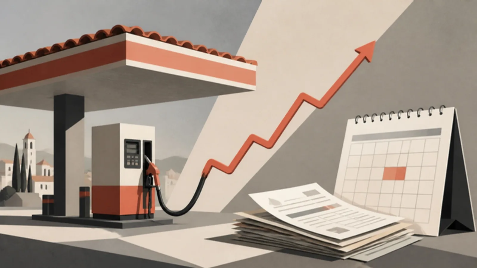 Surtidor de gasolinera cuya manguera se convierte en una flecha ascendente, junto a un montón de facturas y un calendario con un mes marcado en coral