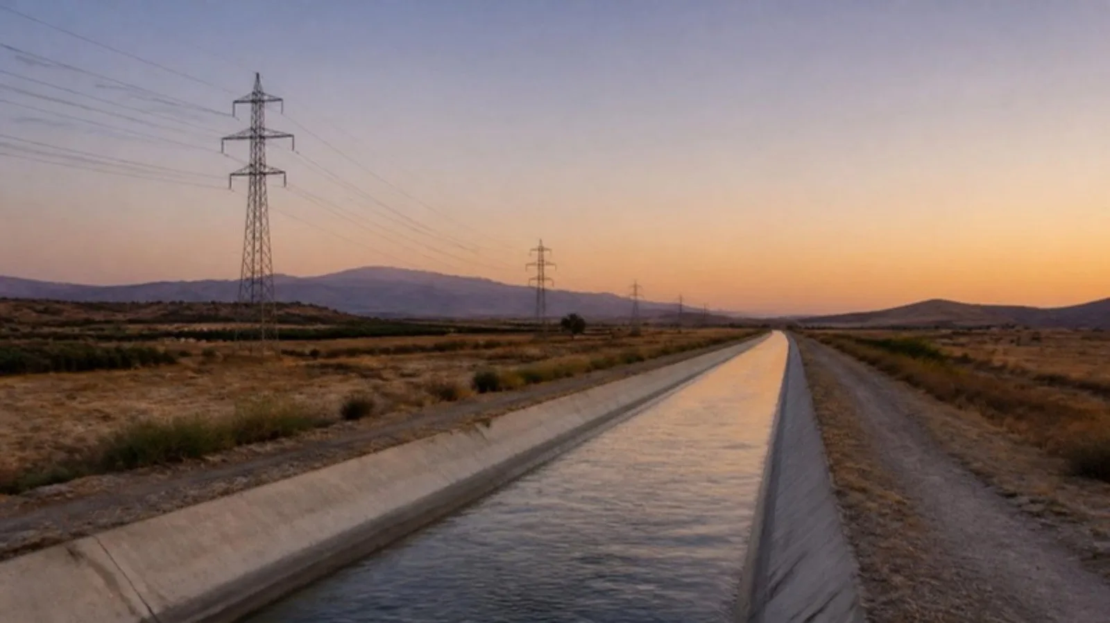 Canal de riego de hormigón que cruza campos secos del sureste junto a torres de alta tensión al atardecer