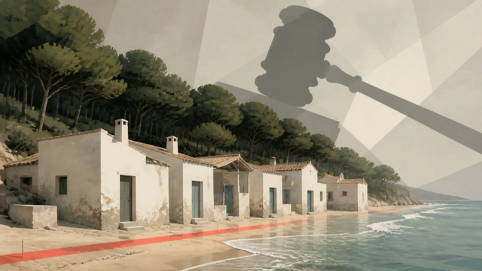 Una hilera de casitas blancas a pie de playa bajo un pinar, con la sombra de un mazo de juez proyectada desde el cielo y una línea coral trazada sobre la arena