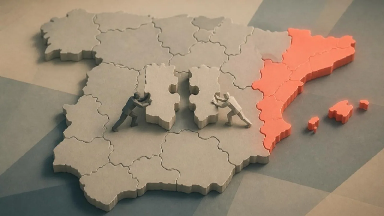Mapa de España hecho de piezas de puzle en el que las piezas del este y de las islas encajan en coral mientras dos figuras intentan unir dos piezas separadas en el centro