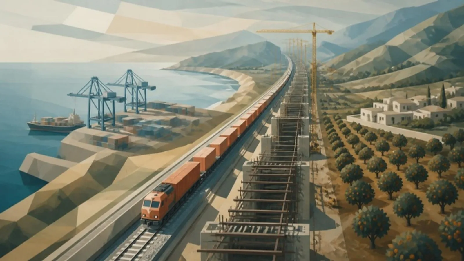 Un tren de mercancías coral avanza por una vía junto a la costa mediterránea, con grúas portuarias y naranjos a los lados y un tramo paralelo aún en obras con andamios