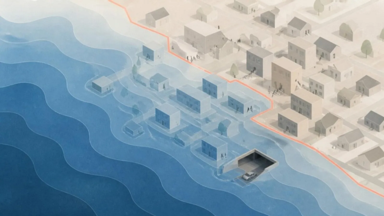 Ilustración editorial: mapa topográfico de una llanura costera con franjas de agua que avanzan sobre manzanas geométricas y la entrada de un aparcamiento subterráneo, y una línea coral que marca el nuevo límite de seguridad.