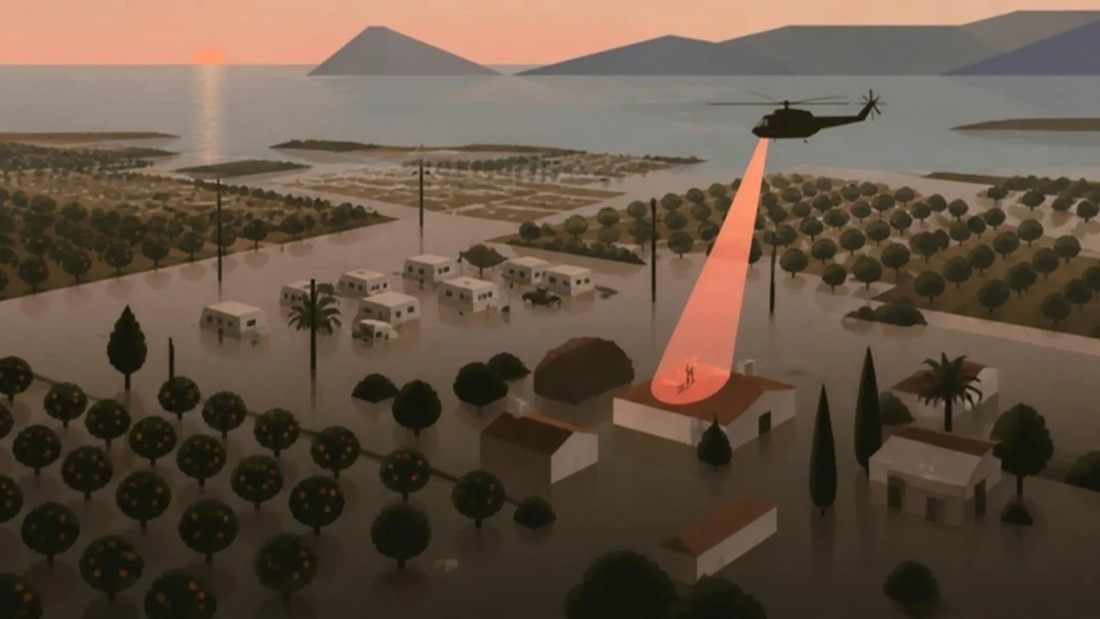 Ilustración editorial: una llanura costera mediterránea inundada al atardecer, con naranjos, casas bajas y un camping rodeados de agua y un helicóptero que proyecta un haz coral sobre un tejado.