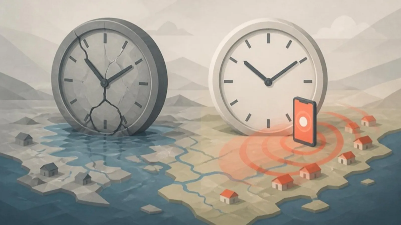 Ilustración editorial: dos grandes relojes sobre un mapa costero con ríos; el de la izquierda, gris y agrietado, con agua a sus pies; el de la derecha, limpio, con una señal coral que sale de un móvil hacia las casas.