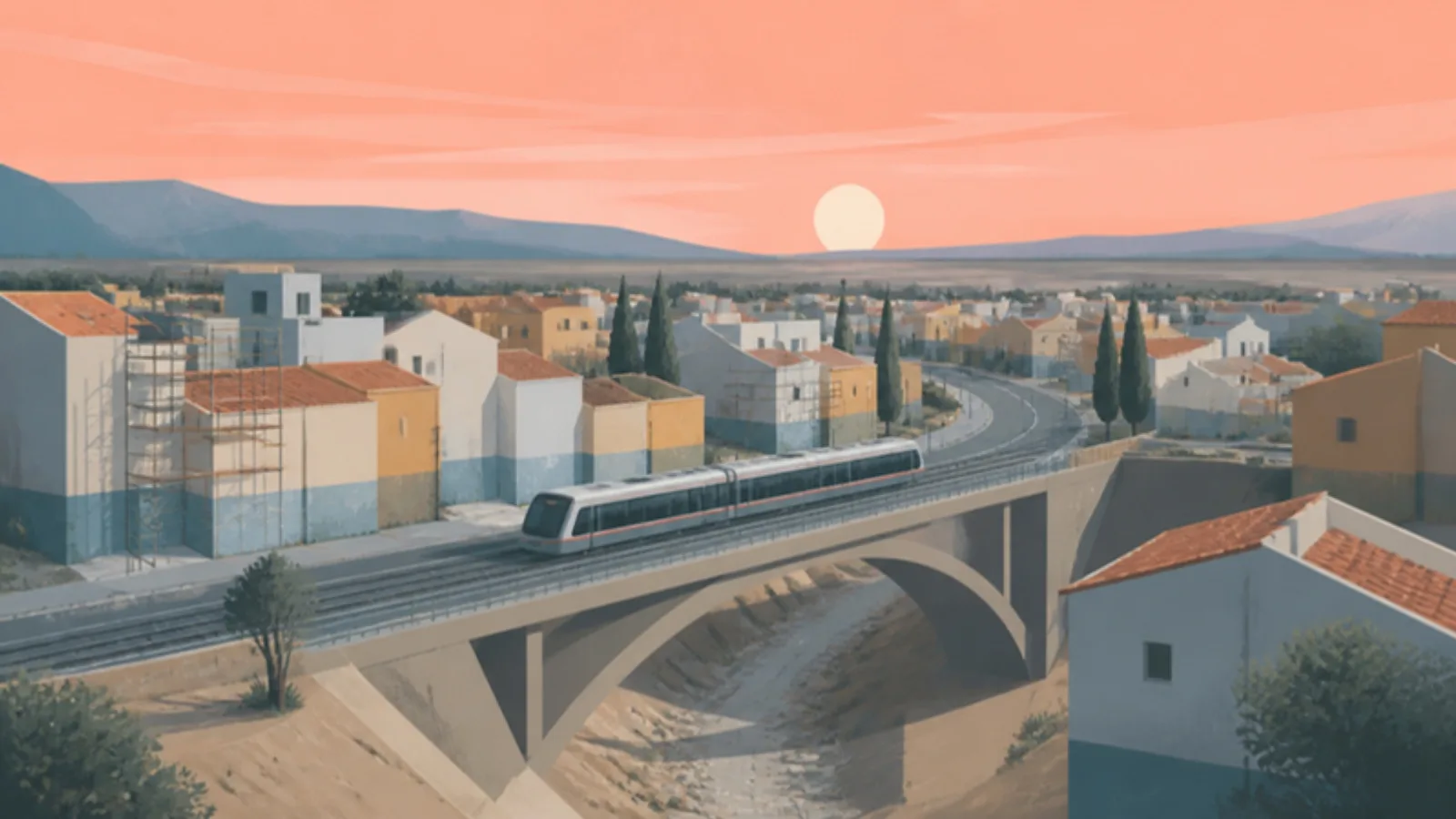 Pueblo de llanura mediterránea reconstruido, con un metro cruzando un puente nuevo sobre un barranco seco, andamios en algunas fachadas y una marca de agua en las paredes bajo un cielo coral