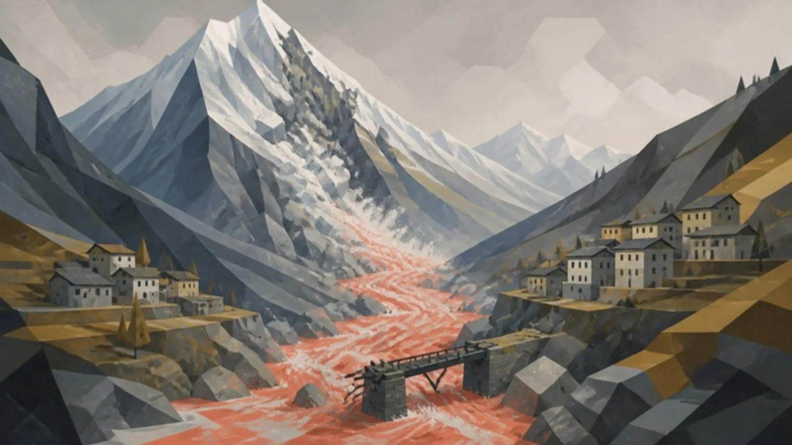Una cumbre del Himalaya cuyo glaciar se desprende en bloques geométricos y desata una riada coral que baja por el valle entre aldeas y un puente roto