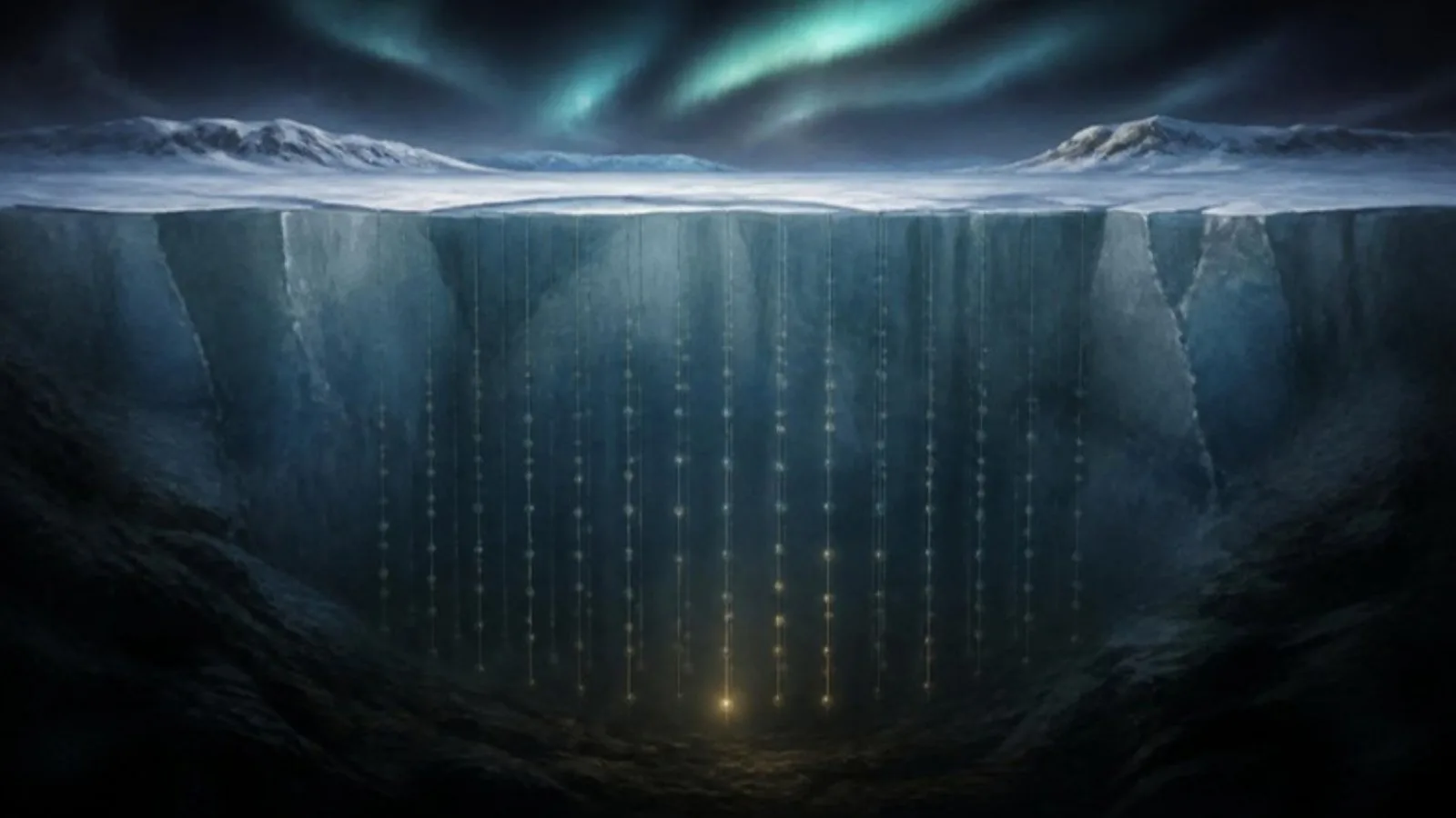 Sensores luminosos enterrados en el hielo antártico bajo una aurora