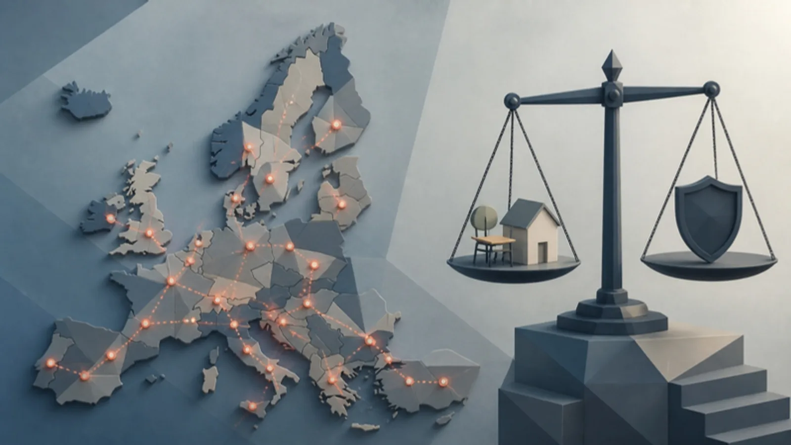 Mapa geométrico de Europa con puntos corales que se encienden en cadena de un país a otro, junto a una balanza que pesa un pupitre y una casa frente a un escudo policial