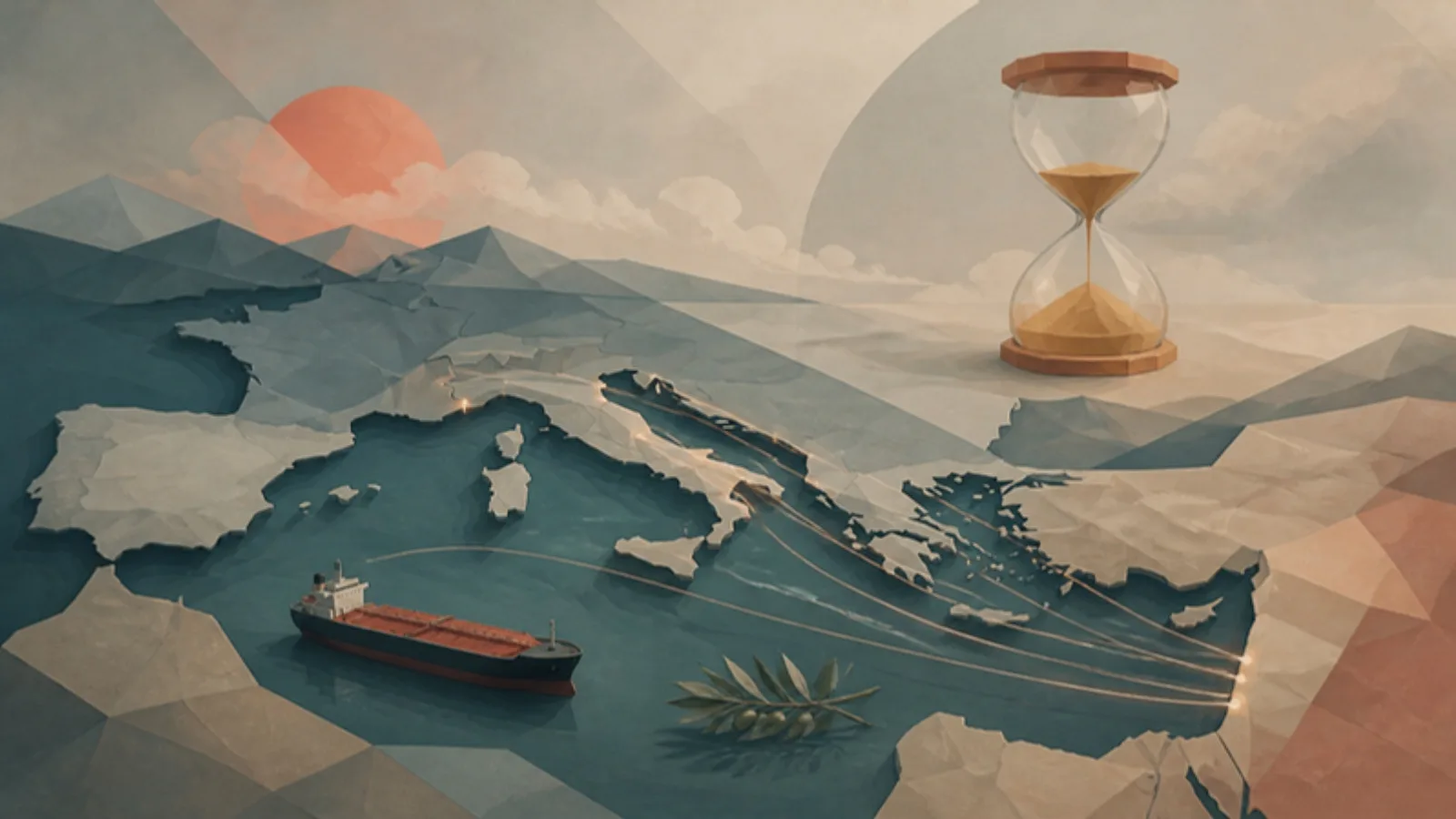Mapa estilizado del Mediterráneo con líneas que unen la orilla oriental con Europa, un petrolero, una rama de olivo y un reloj de arena ámbar