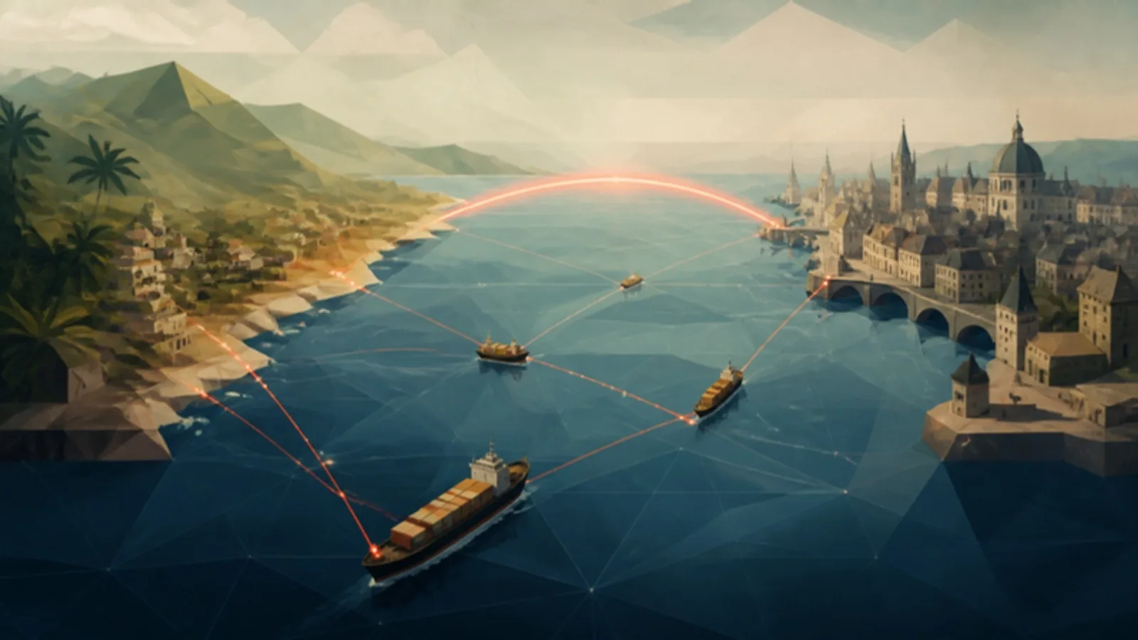 Una costa tropical montañosa y una vieja ciudad europea junto a un río, unidas sobre un océano azul por rutas comerciales luminosas, barcos de carga y un arco coral