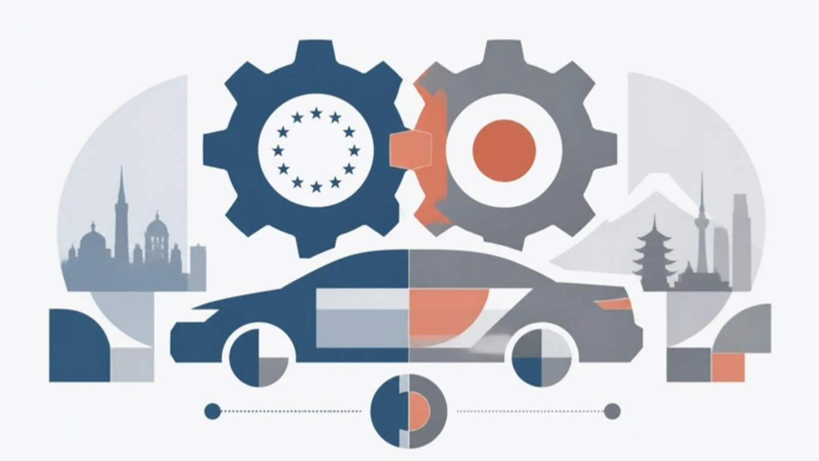 Ilustración editorial abstracta: dos engranajes entrelazados sobre la silueta de un coche dividida en dos colores, como evocación de las empresas conjuntas entre fabricantes europeos y chinos.