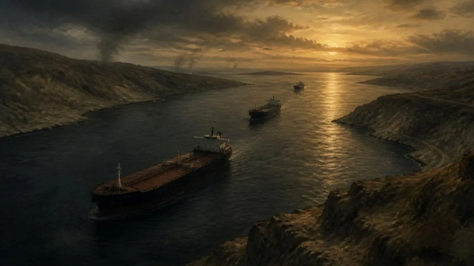 Petroleros cruzando un estrecho marítimo al atardecer