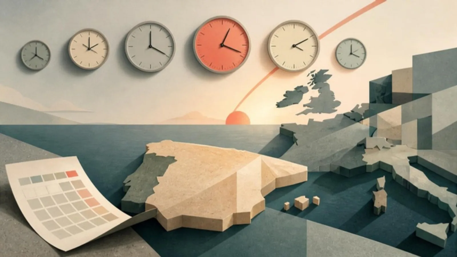 Paisaje geométrico de la península ibérica y Europa occidental bajo el arco del sol, con una hilera de relojes de pared que marcan horas distintas, uno de ellos coral, y una hoja de calendario en primer plano