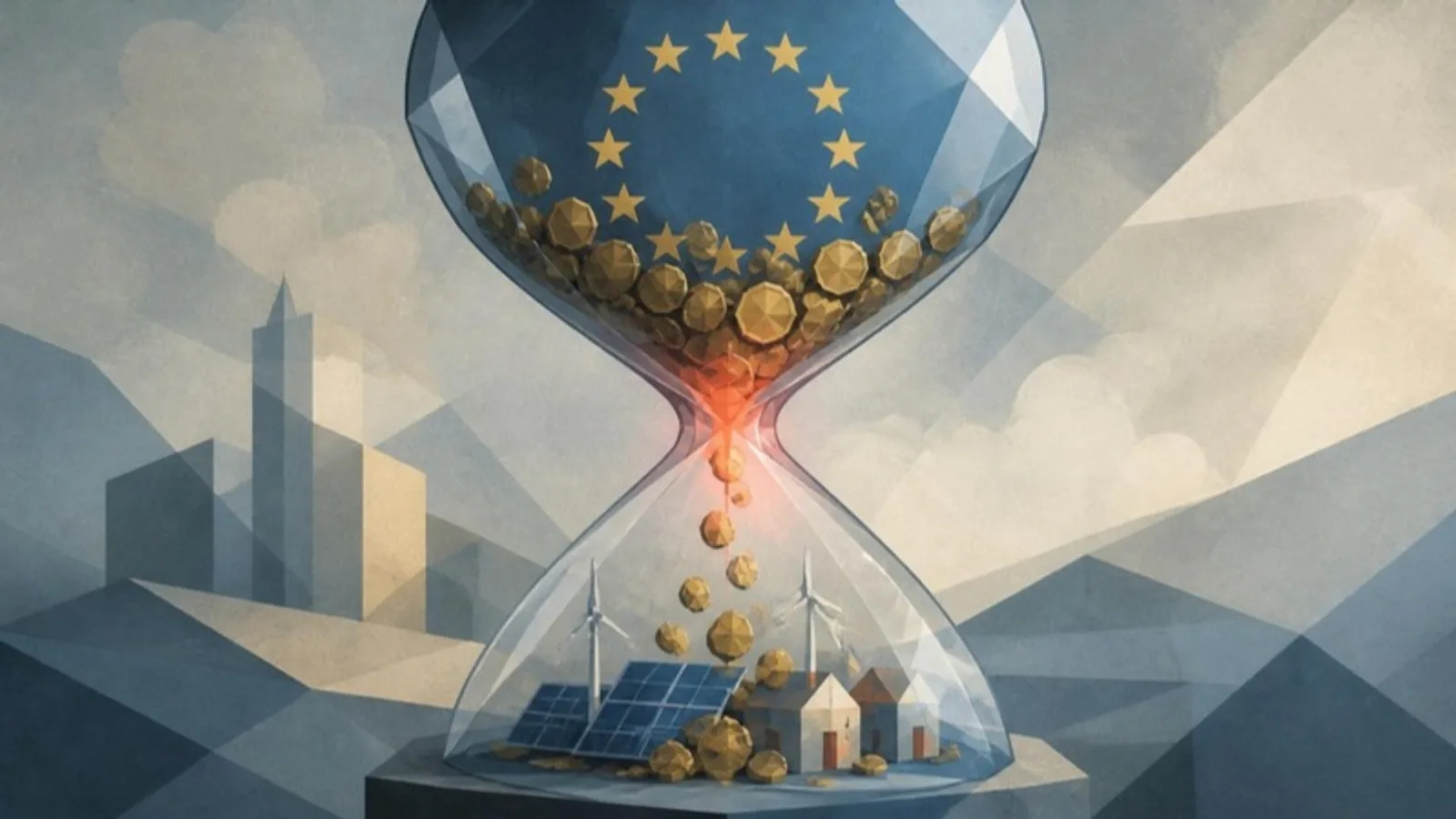 Un gran reloj de arena con un círculo de estrellas europeas y monedas en la parte superior que caen, con un brillo coral en el cuello, sobre paneles solares, aerogeneradores y viviendas