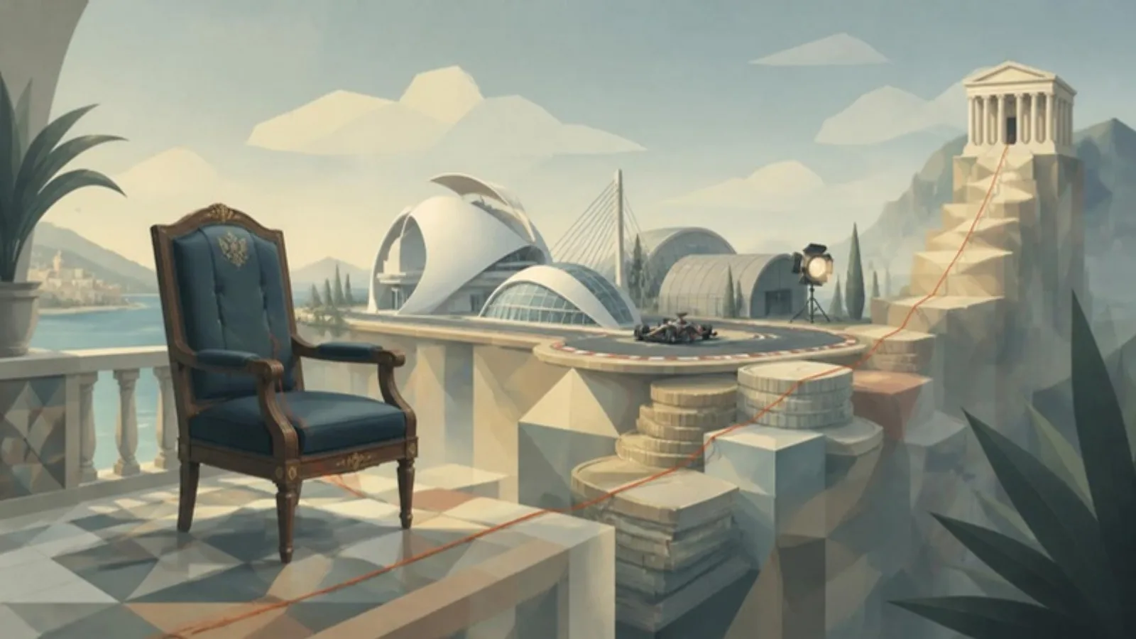 Un sillón presidencial vacío en una terraza mediterránea frente a arquitectura futurista, un circuito y unos estudios de cine levantados sobre pilas de monedas, con un hilo coral hacia unas columnas lejanas