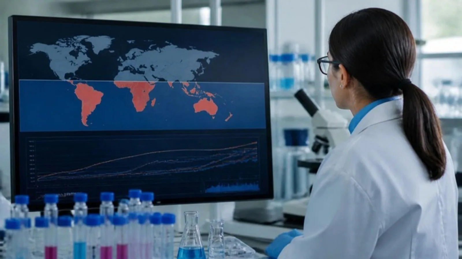 Investigadora en un laboratorio ante un mapa del mundo con el hemisferio sur destacado