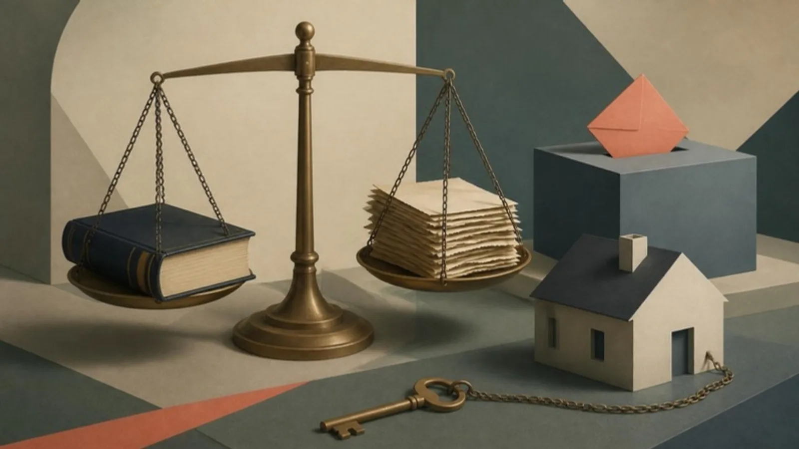 Balanza de latón que pesa un libro de leyes frente a un montón de sentencias, junto a una casa con una llave encadenada y una urna con un sobre coral