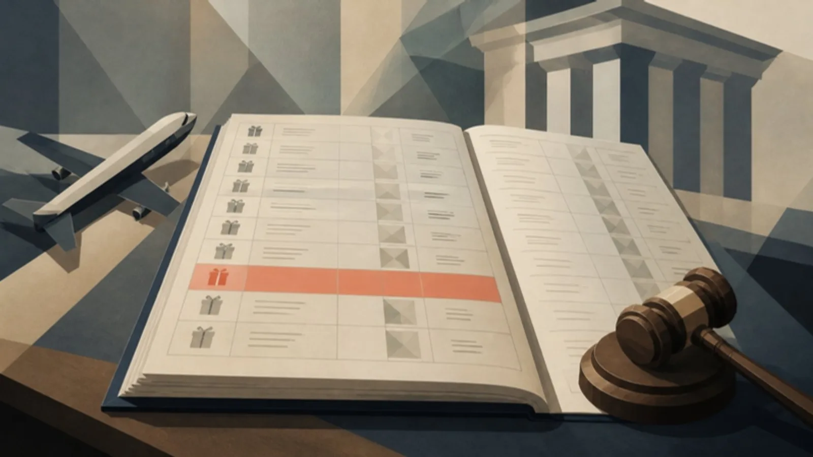 Libro de registro abierto con filas de regalos institucionales y una fila vacía resaltada en coral, junto a un mazo de juez, un avión en miniatura y columnas de un edificio oficial al fondo