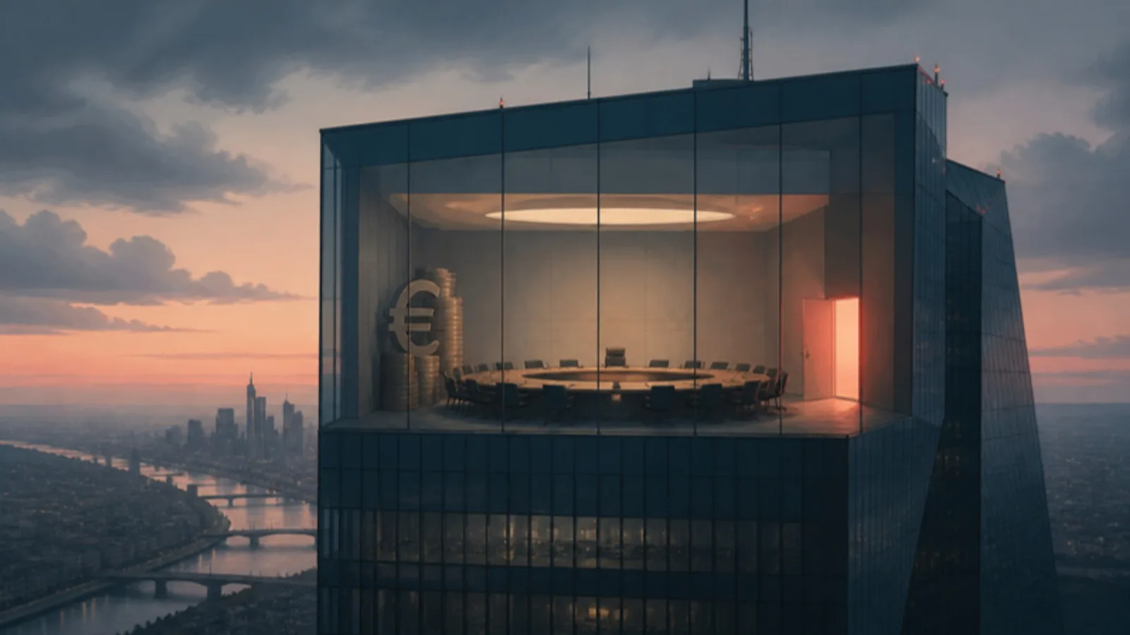 Torre acristalada de un banco central al atardecer, con una gran mesa redonda iluminada en la planta alta, el símbolo del euro y una puerta entreabierta
