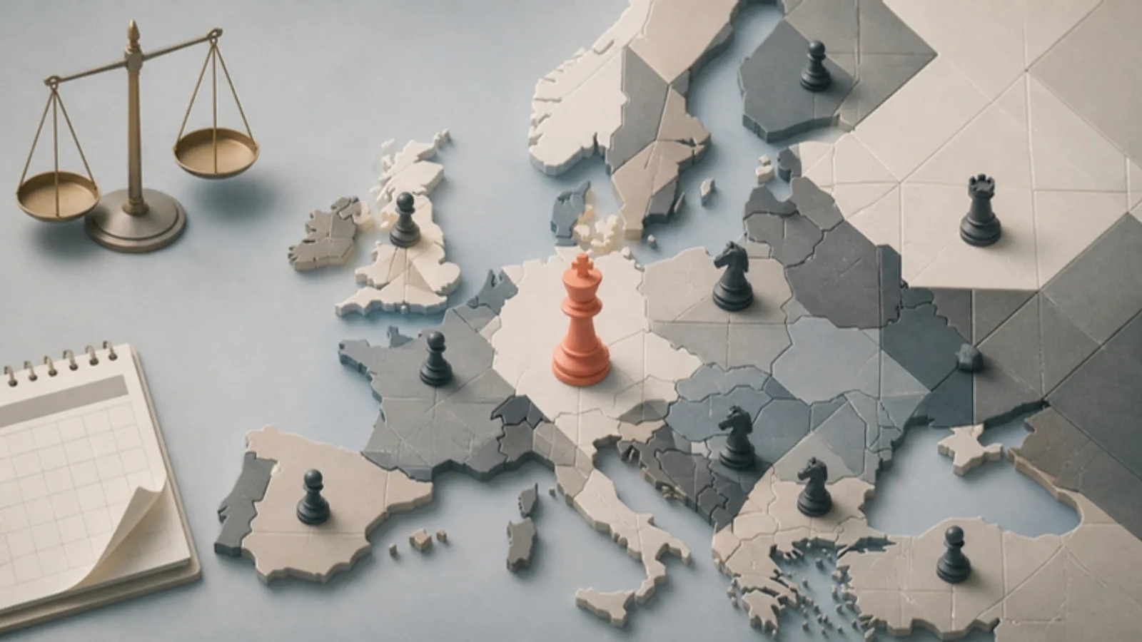 Mapa de Europa en relieve con piezas de ajedrez repartidas por los países, una reina coral en el centro y una balanza dorada en una esquina