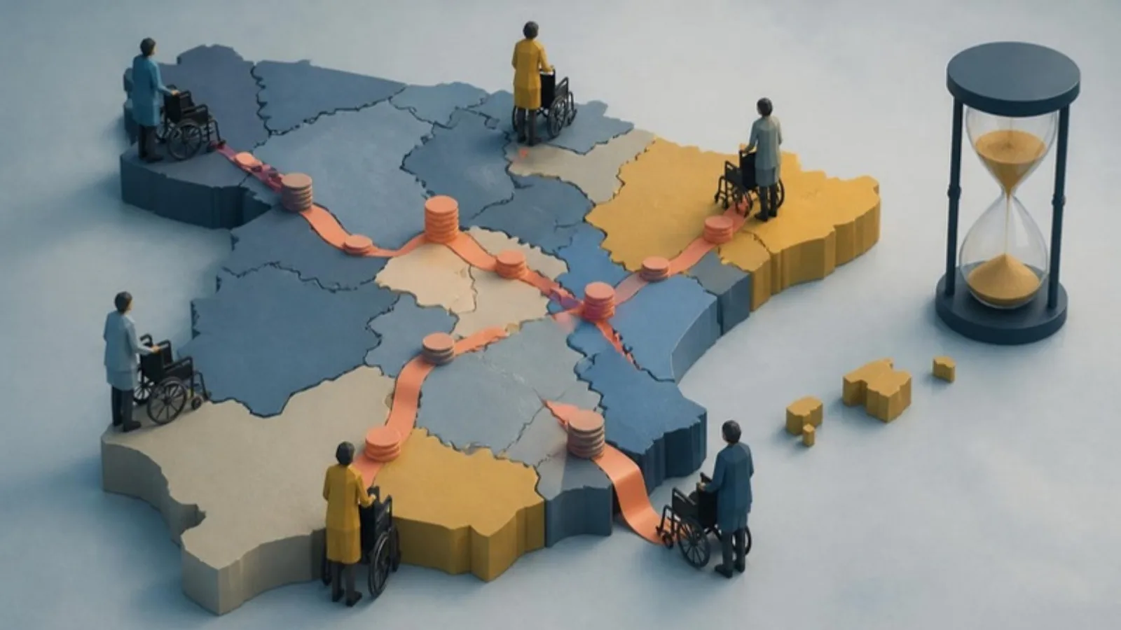 Un mapa de España dividido en piezas de distinta altura con cuidadores y sillas de ruedas en los bordes, una cinta coral de dinero que fluye de forma desigual y un reloj de arena