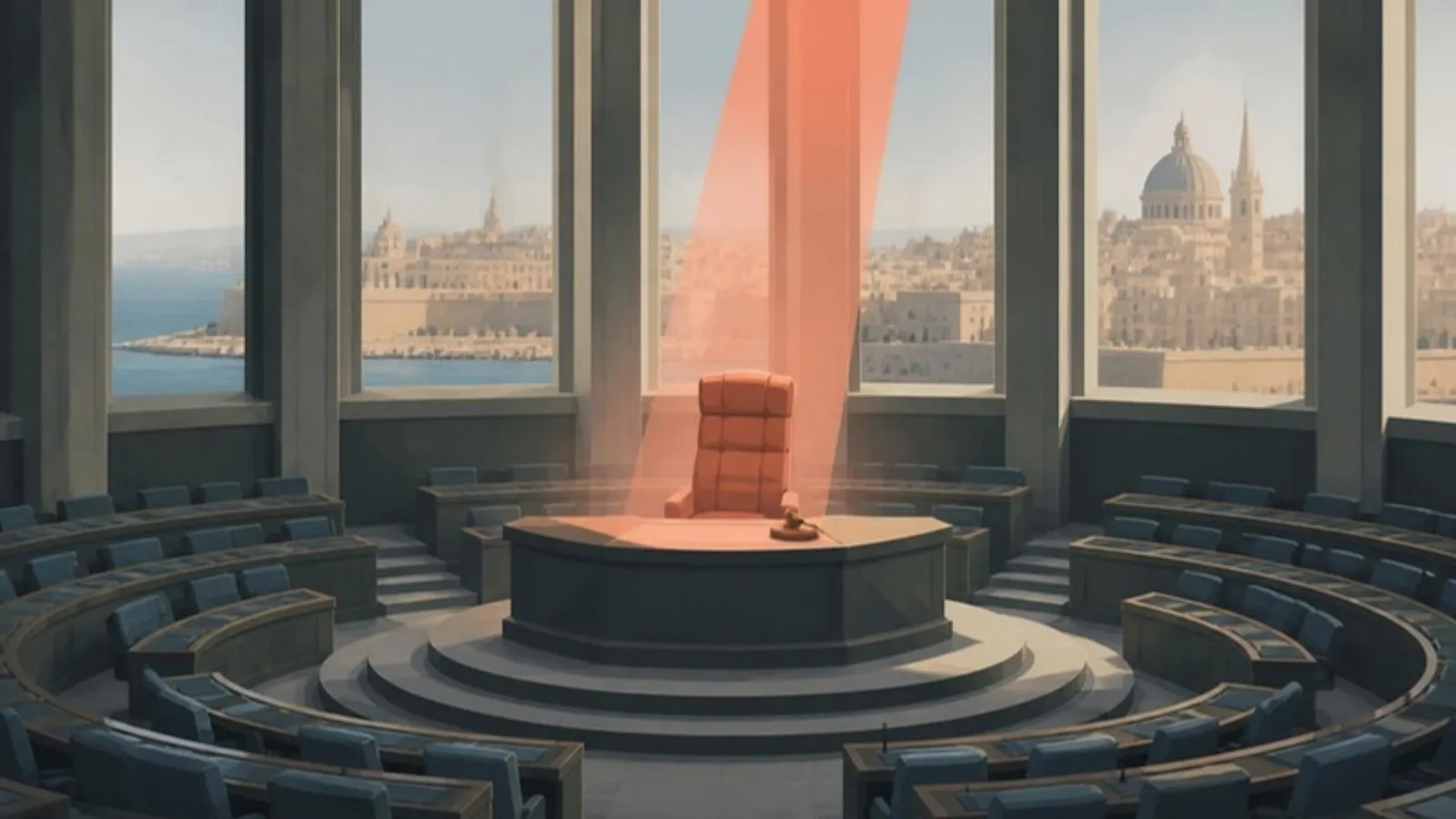 Sillón presidencial vacío sobre un estrado en un hemiciclo semicircular, con un mazo en la mesa y un haz de luz coral que cae sobre el sillón