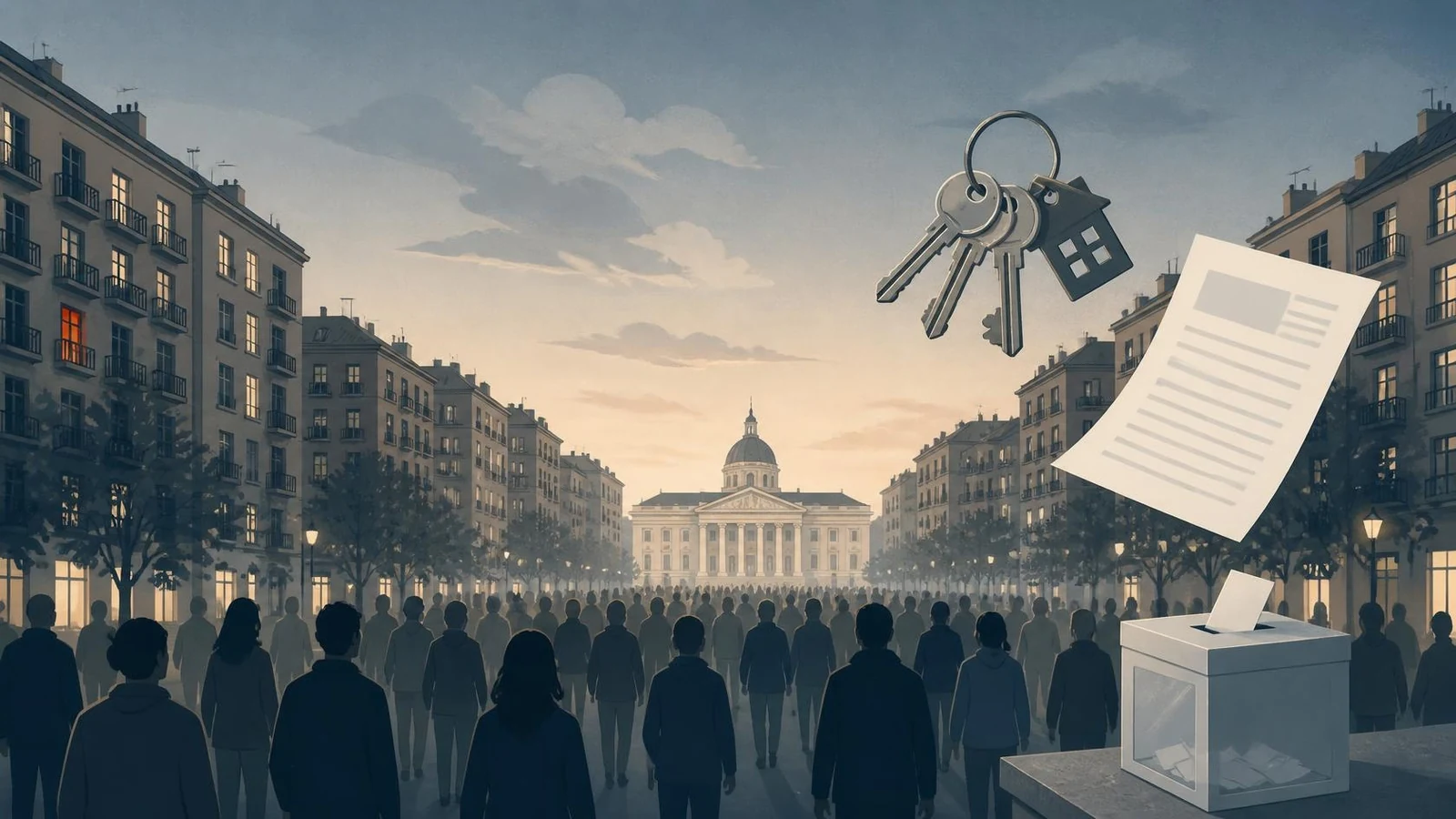 Manifestaciones por la vivienda: multitud en silueta ante un edificio institucional, con llaves, un contrato de alquiler y una urna; ilustración editorial.