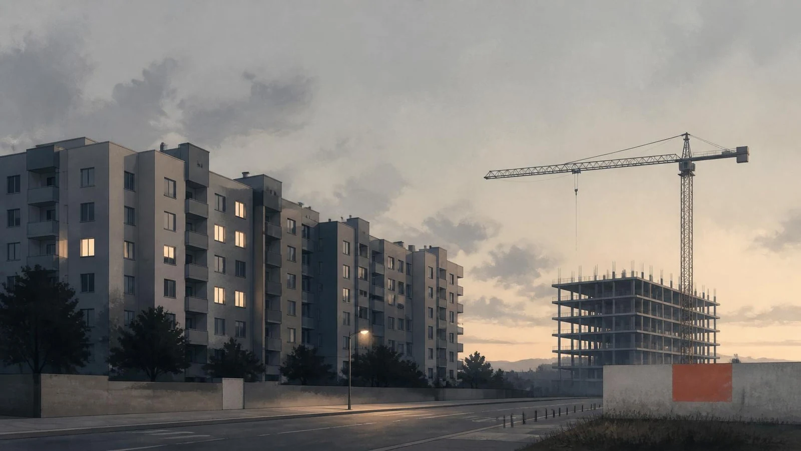 Manifestaciones por la vivienda: bloques de viviendas al atardecer con ventanas iluminadas y un edificio en construcción con grúa; ilustración editorial.
