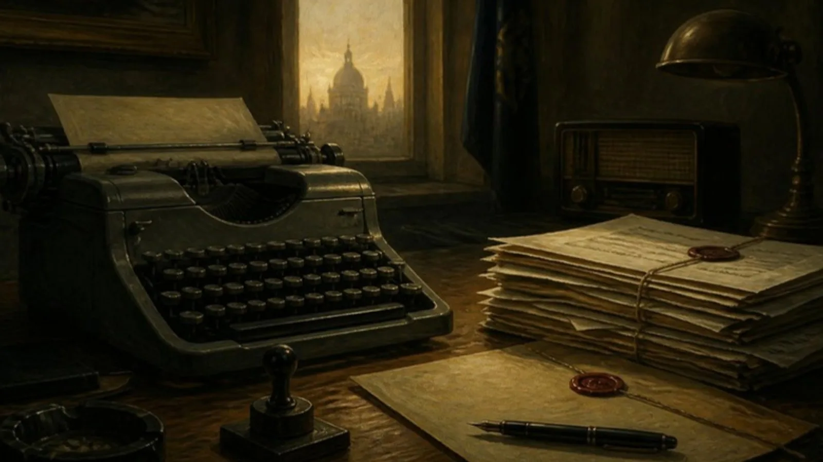 Escritorio de los años setenta con máquina de escribir y documentos sellados